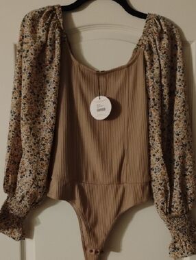 Promesa Beige Ribbed Bodysuit with Floral Puff Sleeves